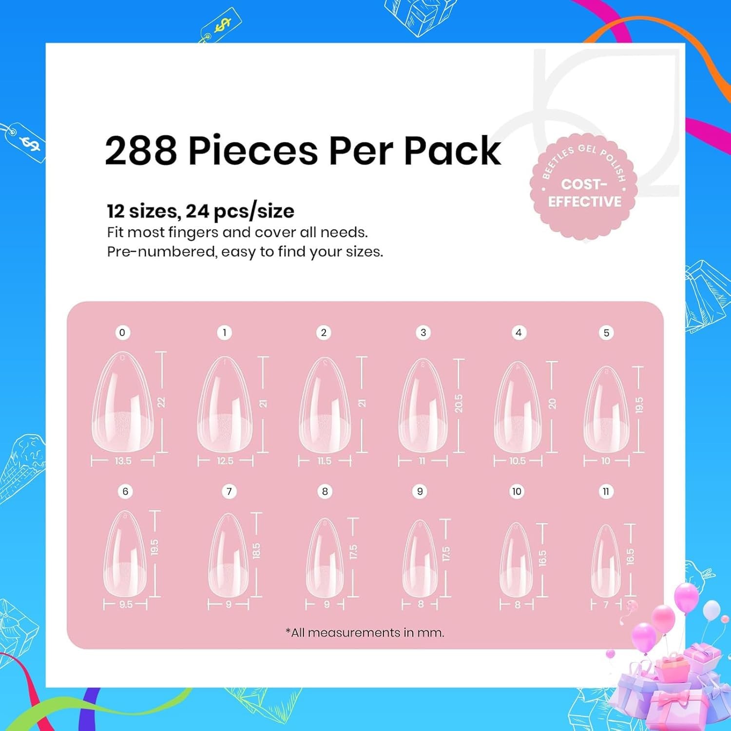 Beetles Soft Gel Nail Tips Short 12 Sizes, Almond 12 Sizes 288 PCS
