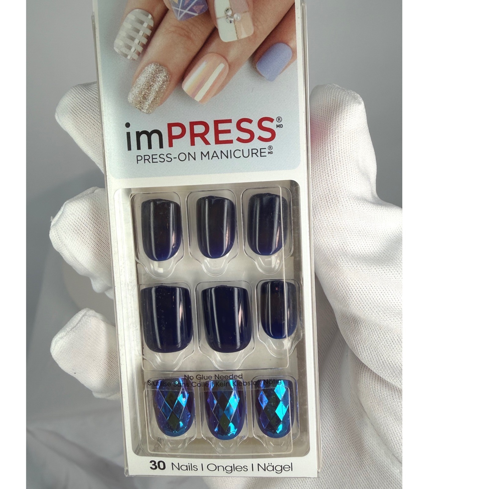 impress Press On Manicure 30 Nails Dark Blue Diamond Accent Short Square 94-22