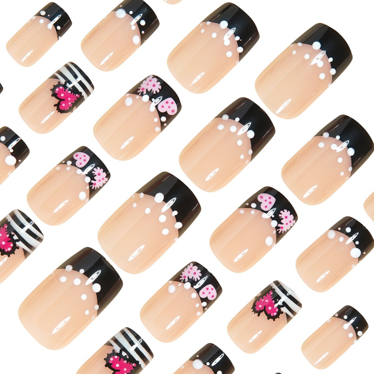 48P Short Square Press on Nails, Pink Black Heart Polka Dot Stripe Fake Nails