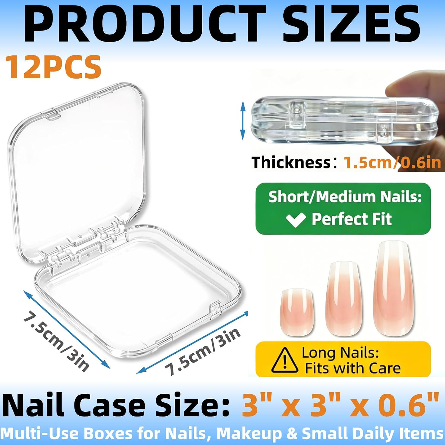 12 Pcs Clear Acrylic Press on Nail Storage Box with 30 Pcs Adhesive Double Sided