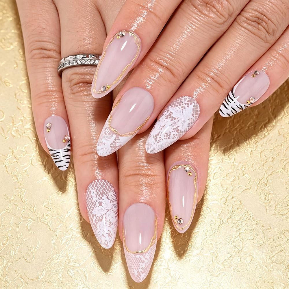 evpct Pale Nude French Almond Short Press on Nails with White Pattern Design,…