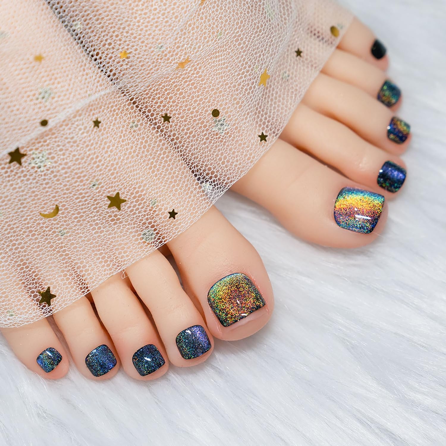 Black Press On Toenails Square Short Fake Toenails Glitter False Toenails Wit…