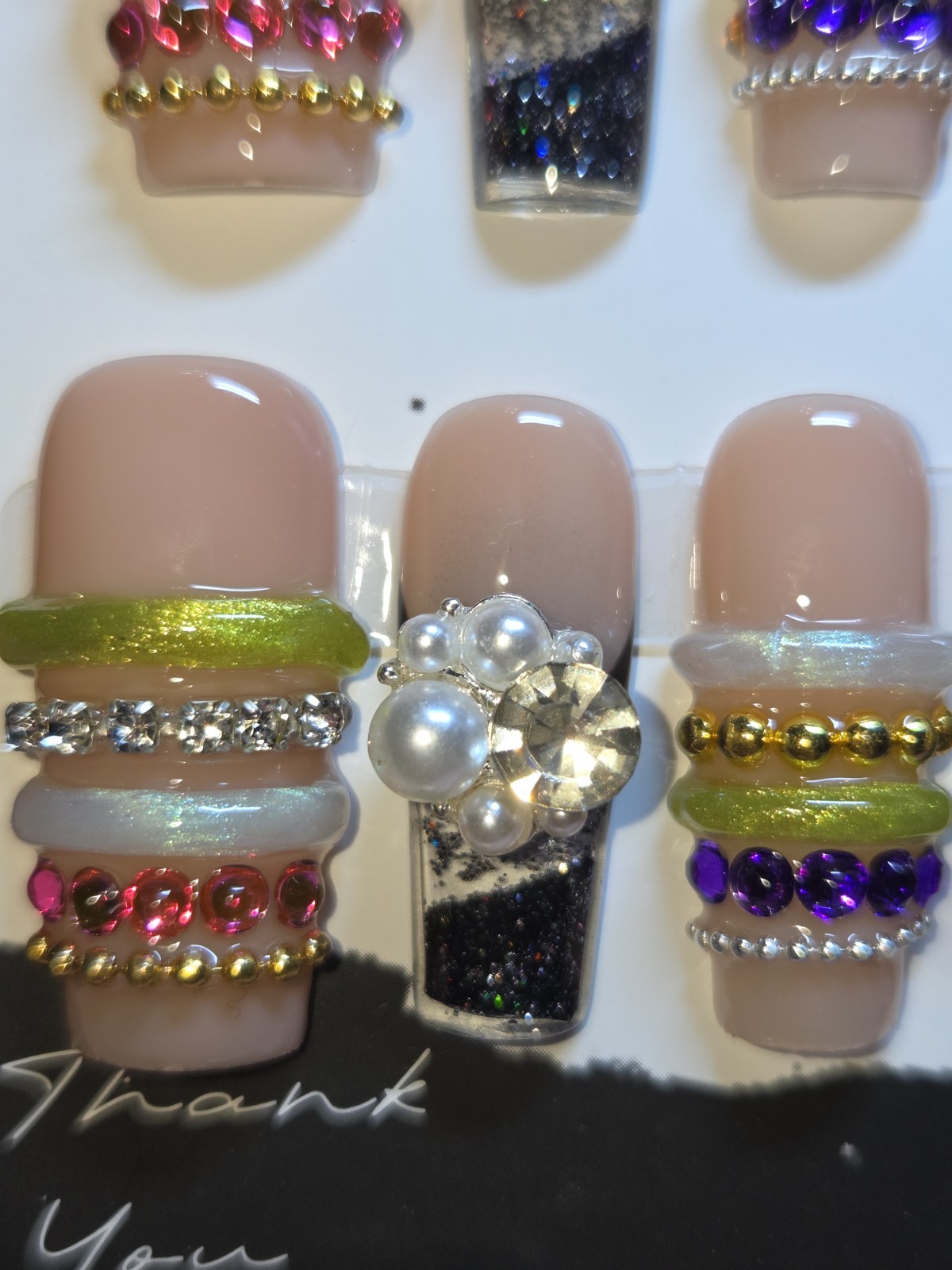 Press On Nails Handmade Medium Black White Y2k Bangle Bracelet Aqua Water Nail