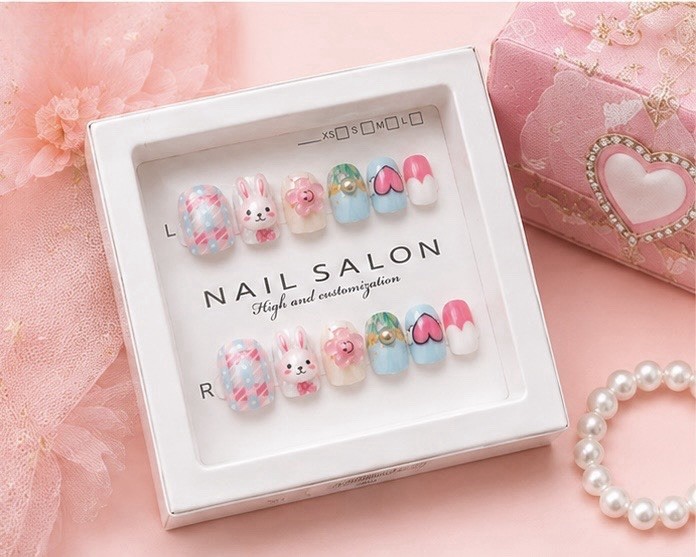 Kids 3D Bunny Press On Nails 12PCS with Adhesive Tabs Cute Fake Nails for Girls