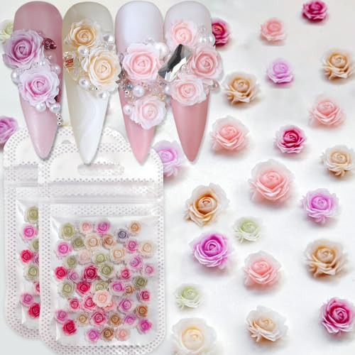 Flower Nail Charms, 100PCS 3D Flower Nail Art Gradient Red Pink Purple Green