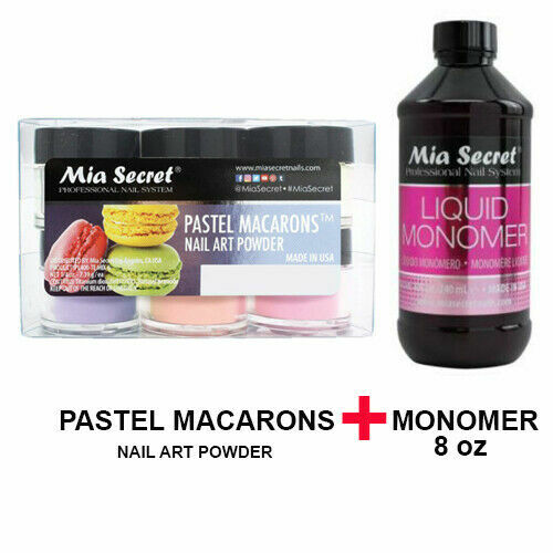 New Mia Secret Monomer 8 Ounce + PASTEL MACARONS Nail Art Powder 6 Colors Set