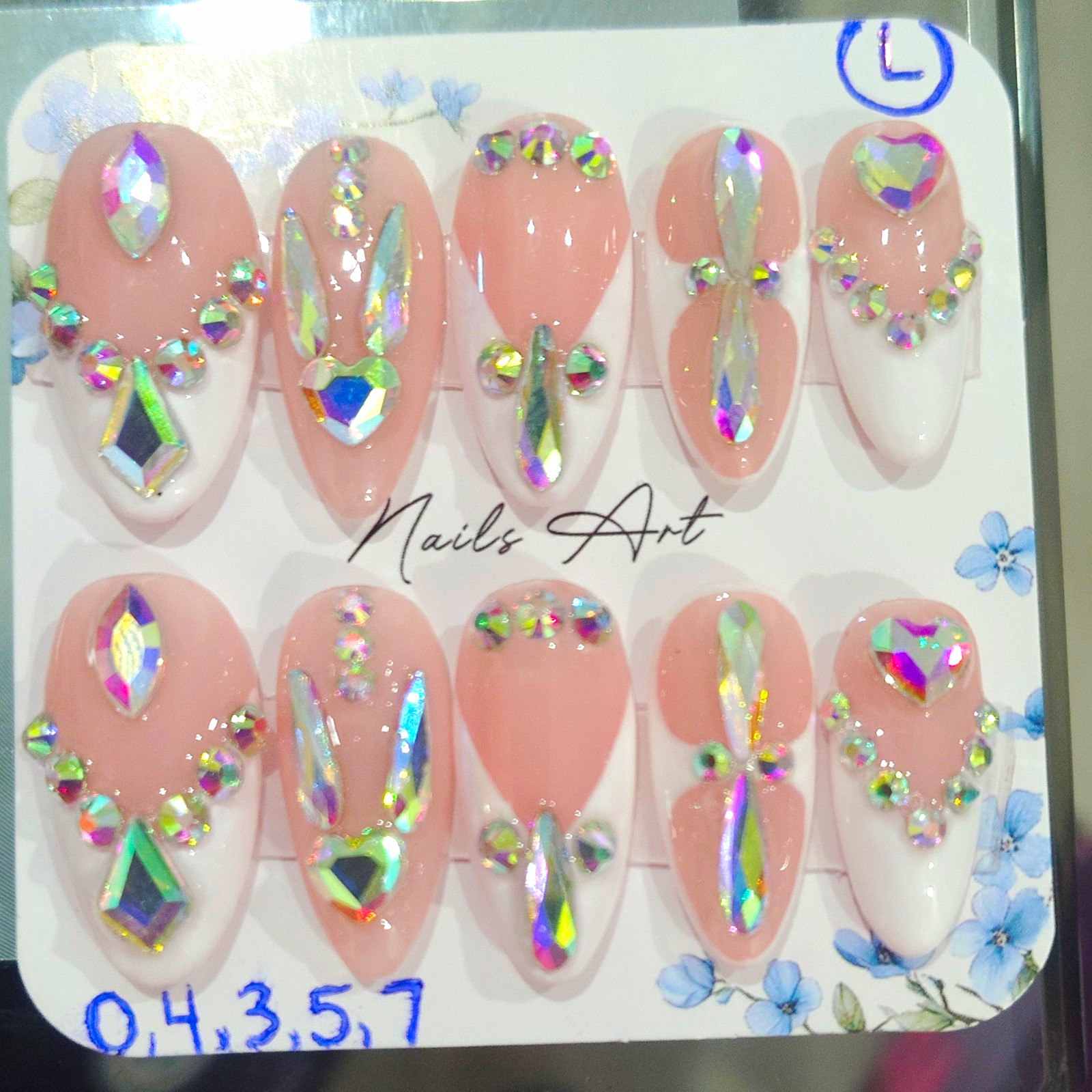 3D Rhinestone Press-On Nails Pink White Long Almond Full Cover Size Large