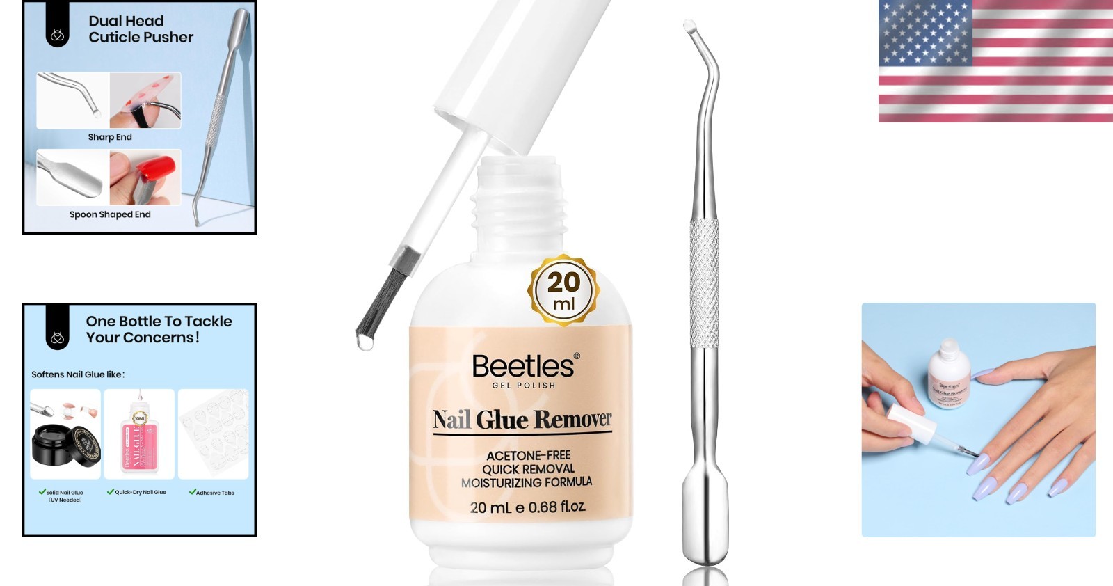 Beetles 20ml Non-Acetone Nail Glue Remover with Precision Brush & Cuticle Tool