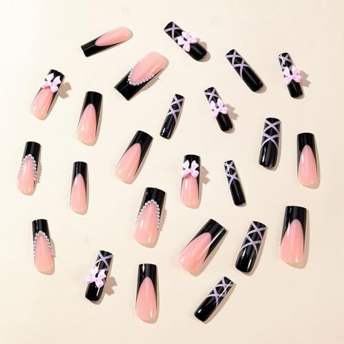 Press on Nails Coffin Long Black Glossy Full Cover Black and Pink Bow Line