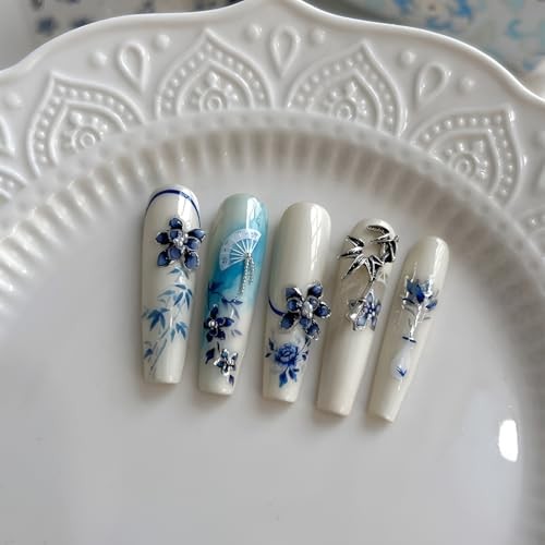 Flower Nail Stickers White Blue Nail Art Stickers 5D Embossed Blue Flower 2