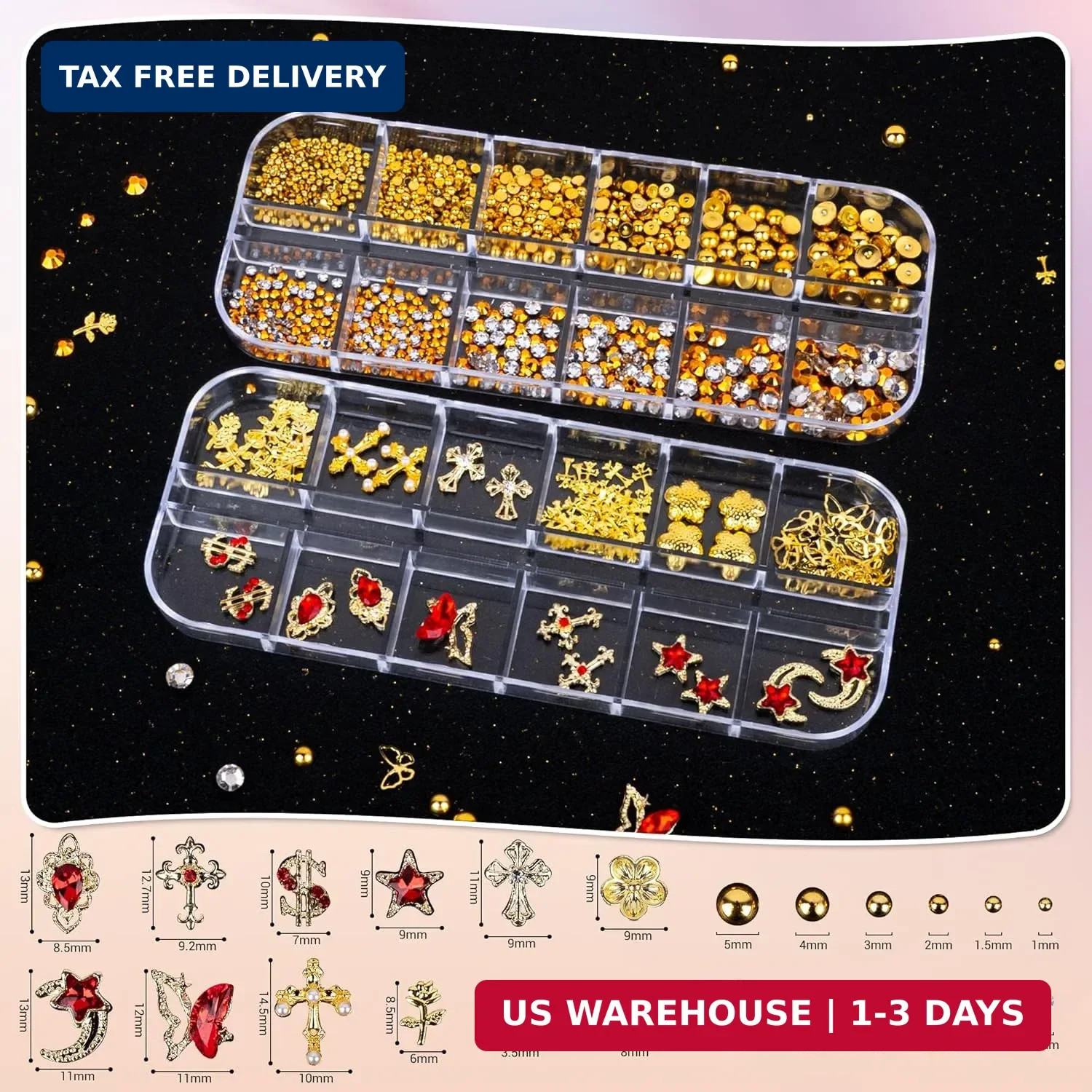 Gold Nail Charms and Nail Gems with 4 Boxes of Rhinestones 3D Metal for Nail Art