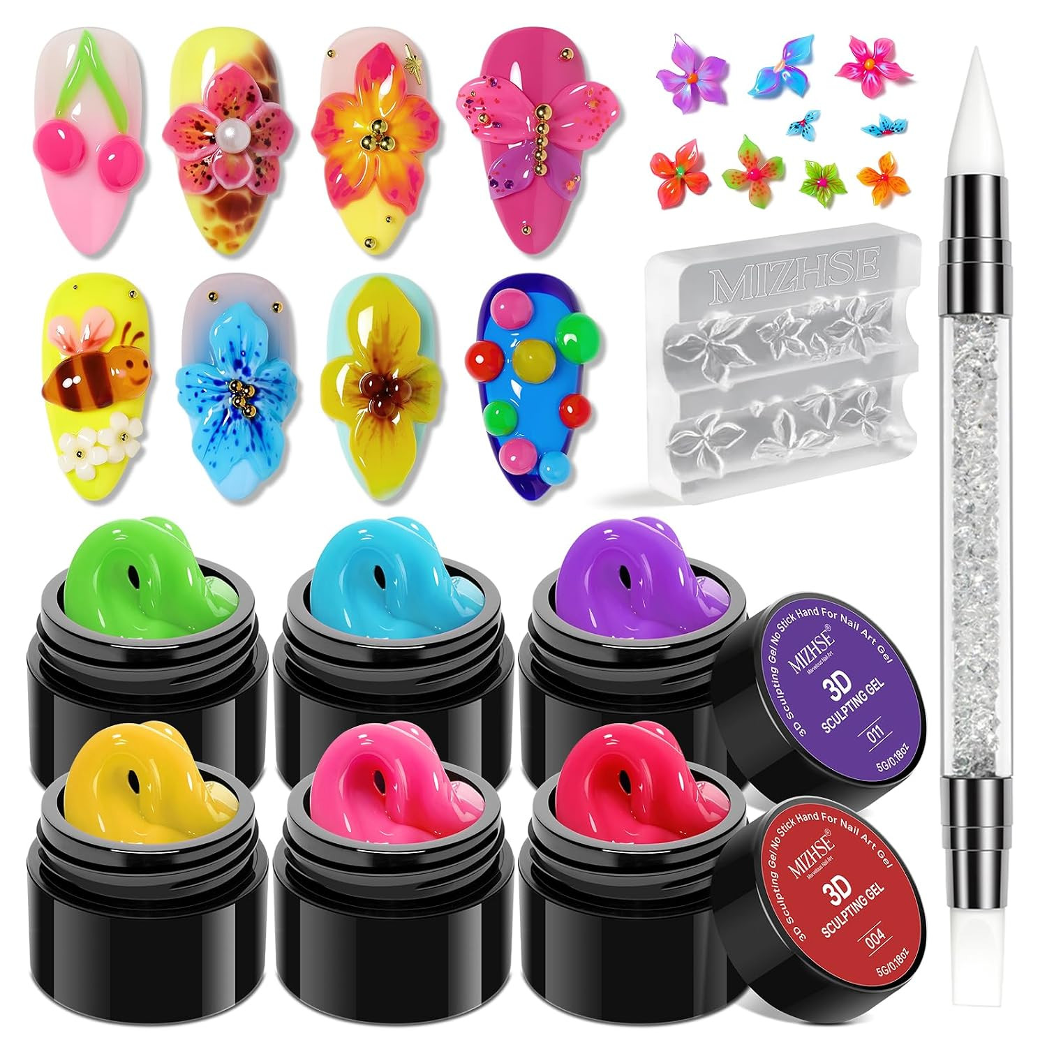 3D Nail Scupting Gel for Nail Art, 6PCS Neon Colors Non-Sticky 3-In-1 Molding Ge