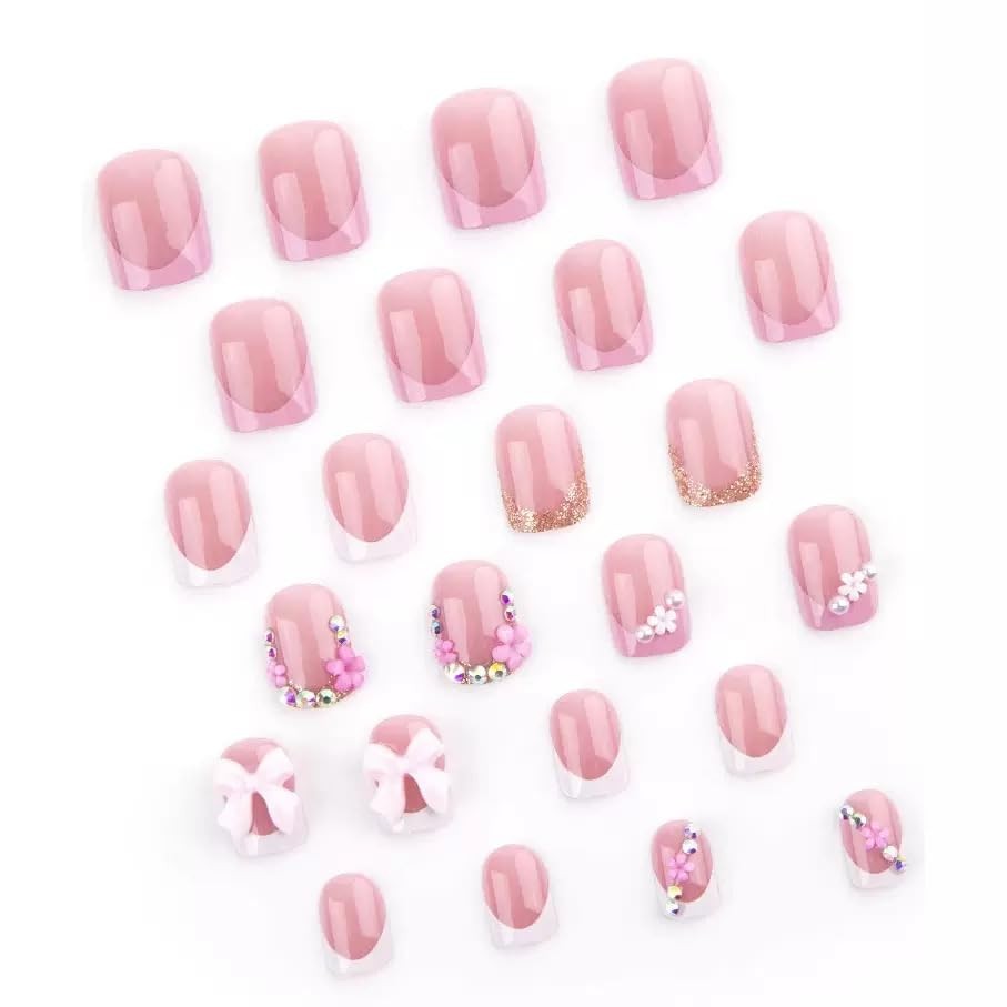 Press on Nails Square Fake Nails Short with 3D Bow Flower Charms Style22 Normal
