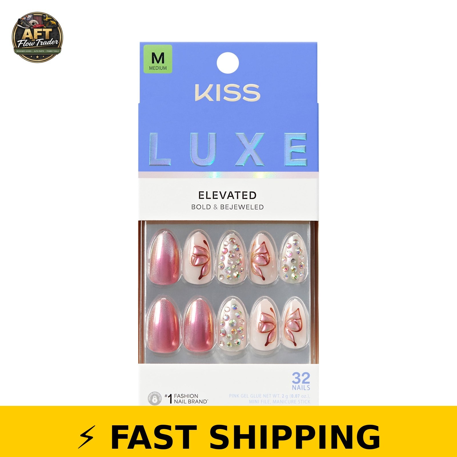 Kiss Press On Nails Almond Rose Knot Pink Medium 32 Count