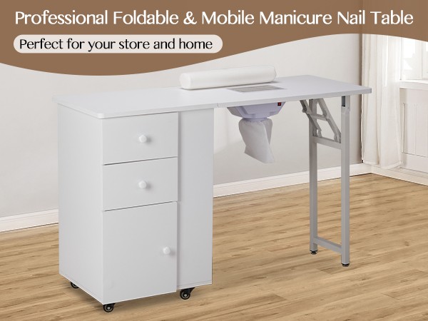 Foldable Manicure Table Nail Desk Station with Drawers & Cabinet & Wheels White