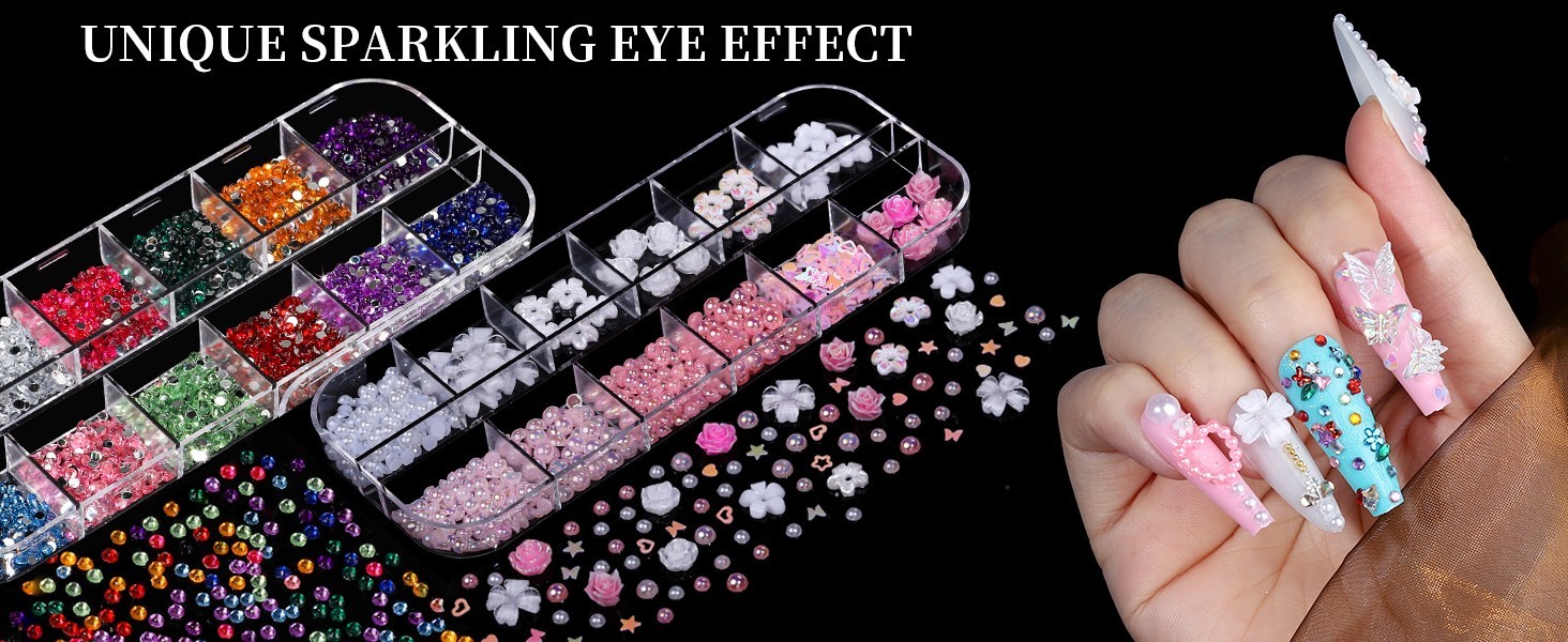 Nail Charms, Nail Rhinestones Kit with 8 Boxes of Nail Gems Multi Shape