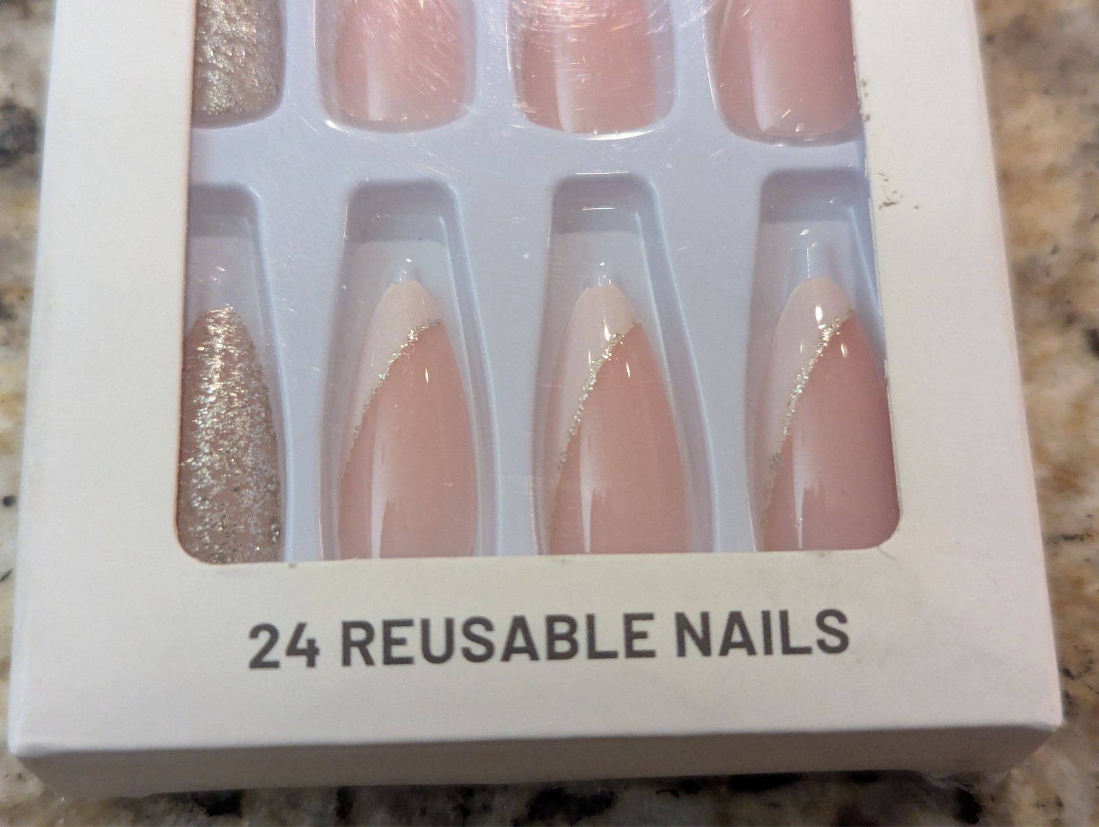 Press On Nails One Minute Nail Tip Long Pink White Tip Gold Glitter 24ct