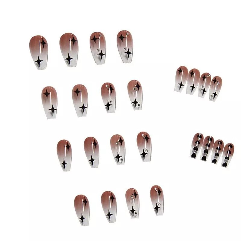 24 Jelly bling Press on nails with glue black stars Coffin ombre clear