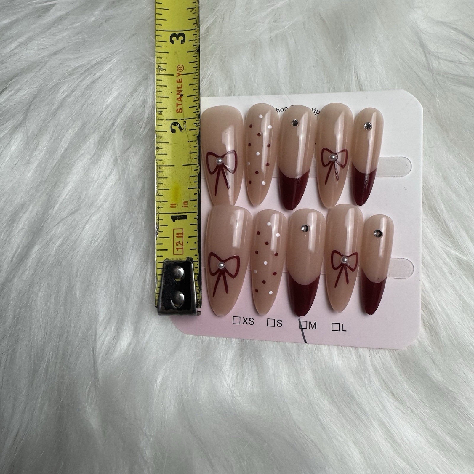 Press-On Nails Burgundy Bow & Polka Dot Coquette Medium Almond Shape Handmade