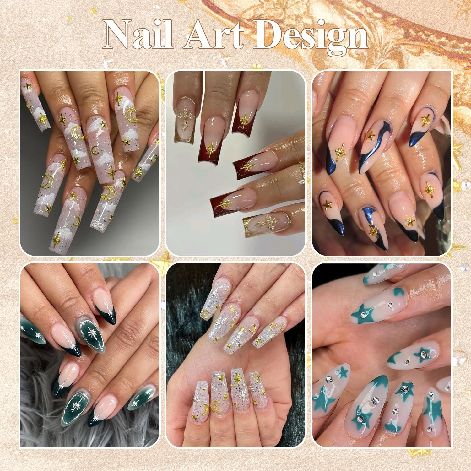 2640Pcs 3D Star Nail Charms, Gold & Silver Multi-Shapes Metallic Nail Art Gems a