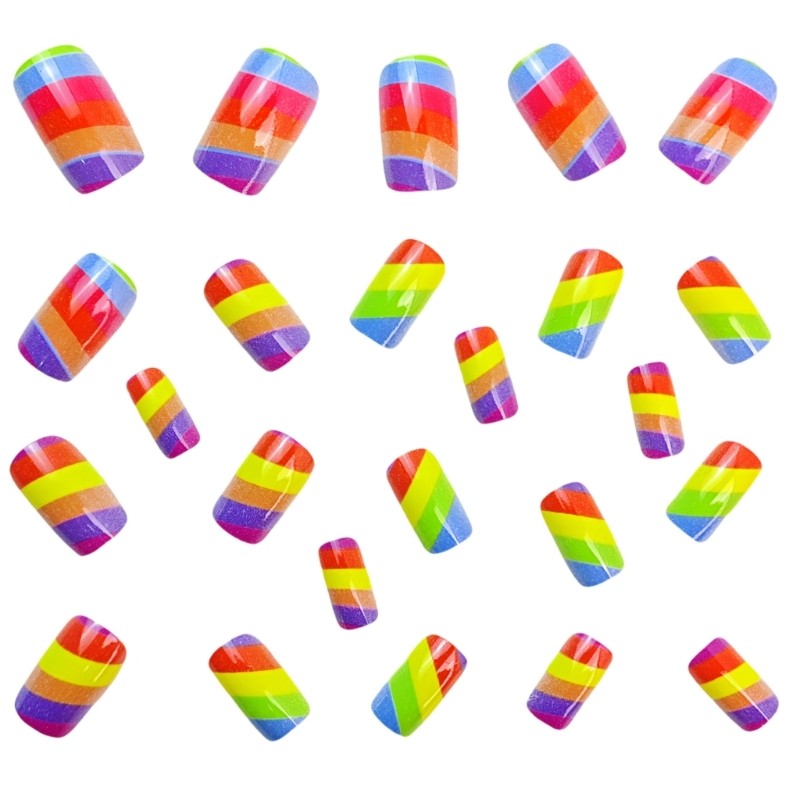 24 Pcs Rainbow Press On Nail Stripes False Nail Medium Square Acrylic Nail