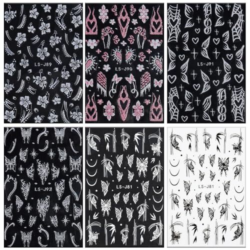 6 Sheet Butterfly Flower Nail Art Sticker Decals 3D Self-Adhesive Glitter Pink