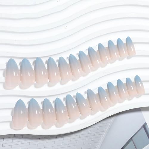 Almond Press on Nails Medium Fake Nails Ombre Blue French Tip 7024 Blue