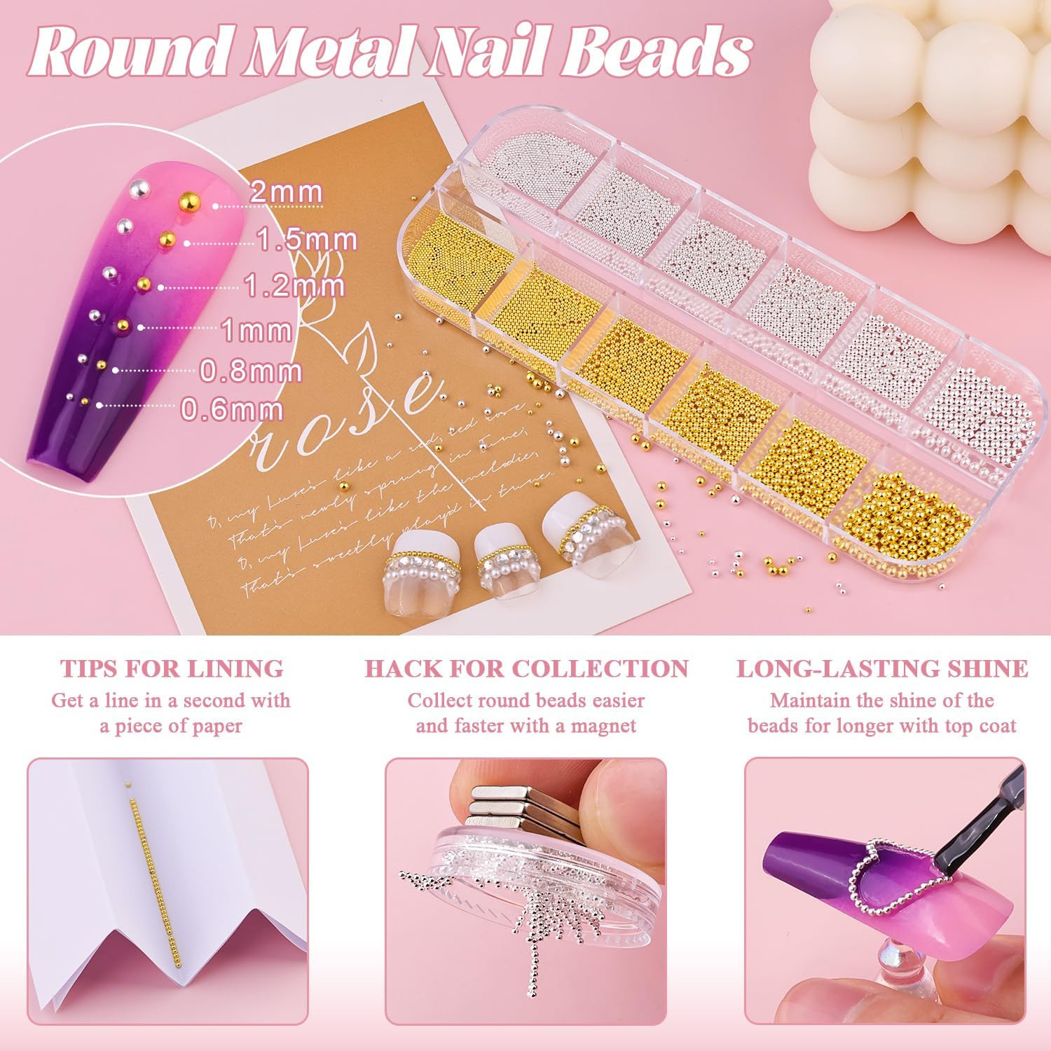 2 Boxes Flatback Pearls (White+Beige) and Silver+Gold Nail Beads for Nail Art wi