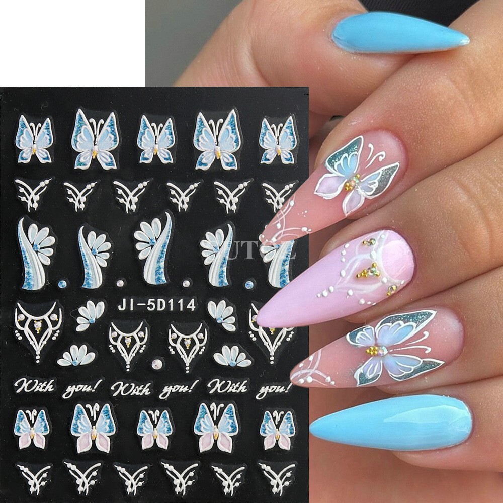 5D Embossed Daisy Rose Butterfly Camellia Flower Nail Art Stickers Self-adhesive