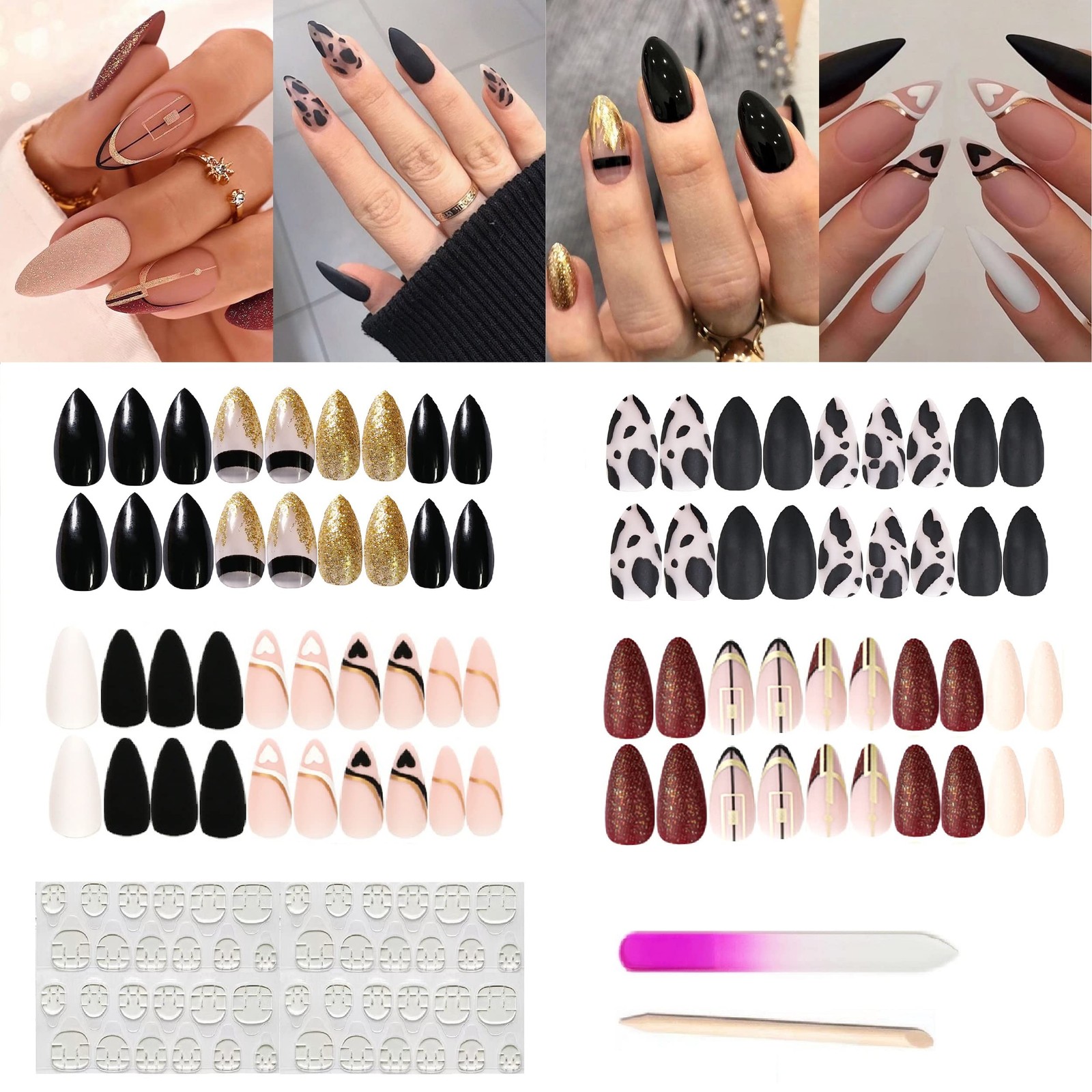 4 Packs (96 Pcs) Press on Nails Medium Gold & Black Almond Design, Matte Fake…