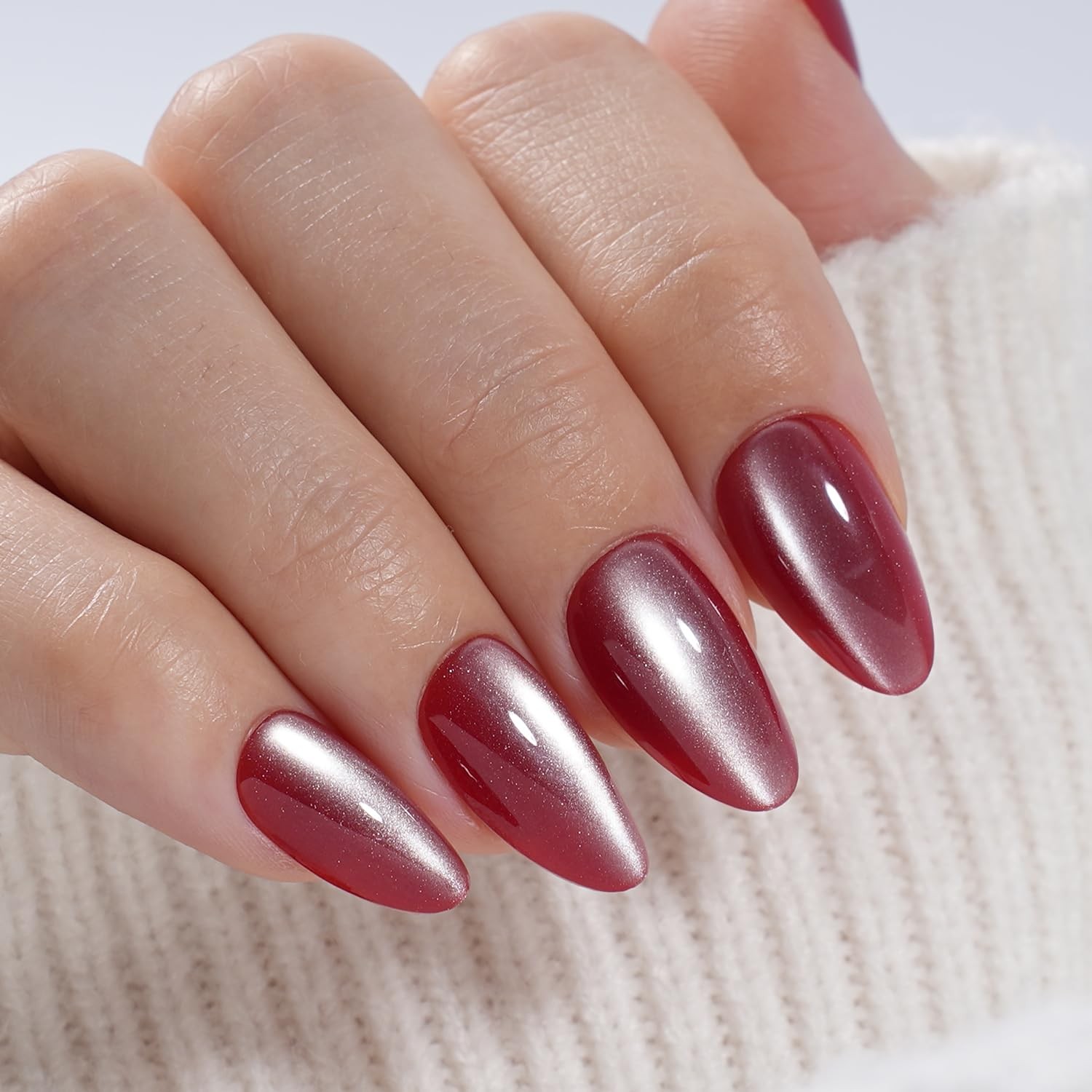 WiniBeauty Red Cat Eye Press On Nails – Burgundy Short Almond Fake Nails | Da…