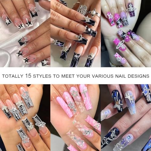 120+ Pcs Star Nail Charms Inlaid Rhinestones Gems Star Planet Cross Nail Silver