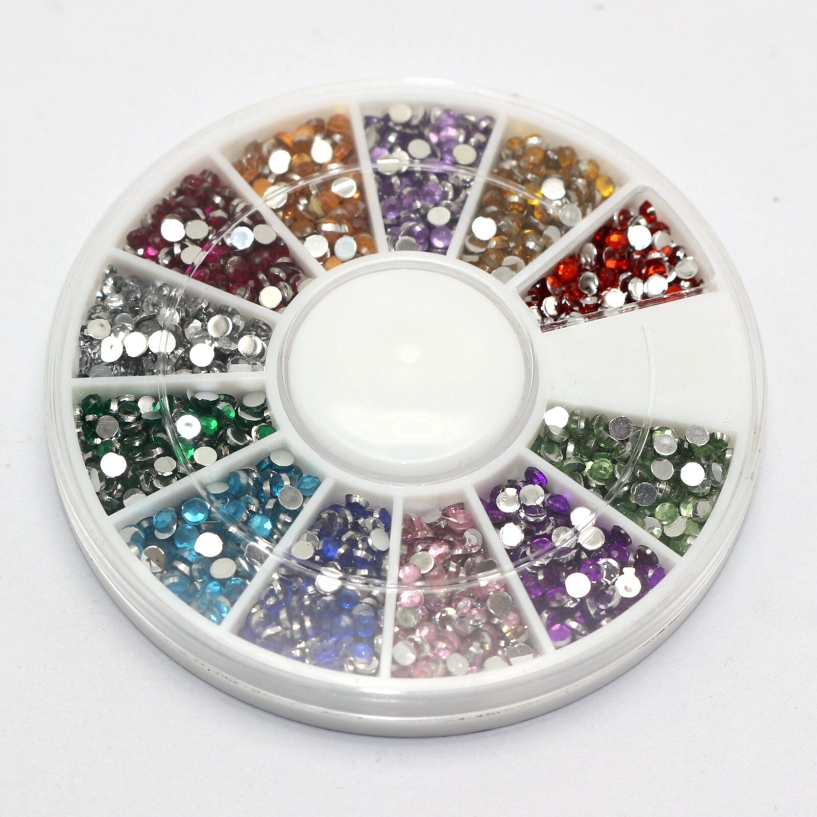 1200 Acrylic Nail Art Round Flatback Rhinestone Gem 2mm with Wheel 12 Colour