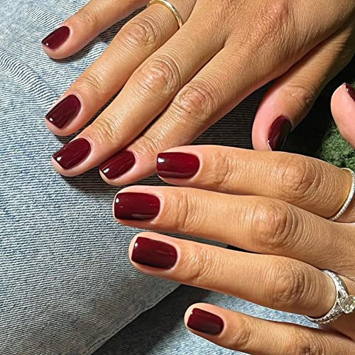 Burgundy Red Press on Nails Short Square Nails Set, glossy square burgundy