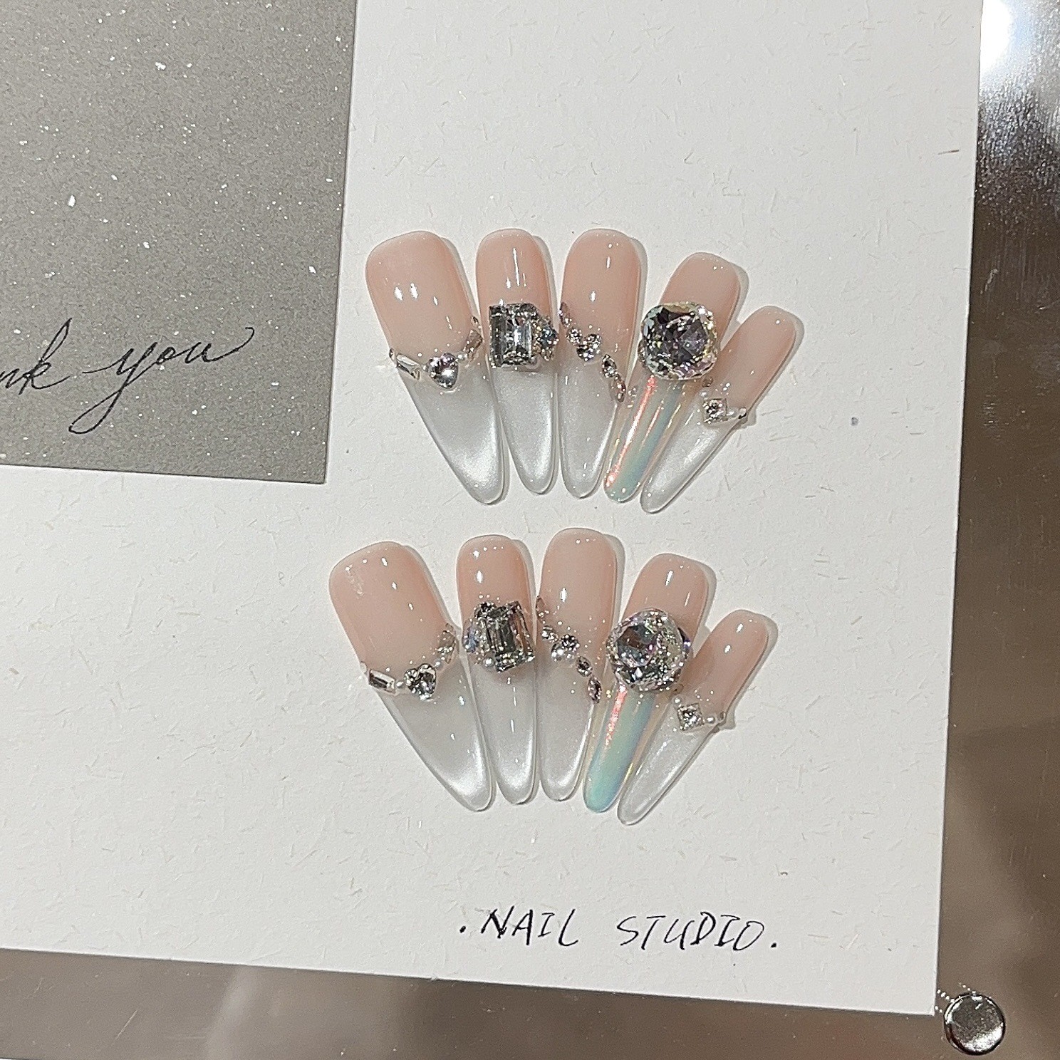 10Pcs Handmade White Moon Cat Eye Long Pointed Nails Full Rhinestones