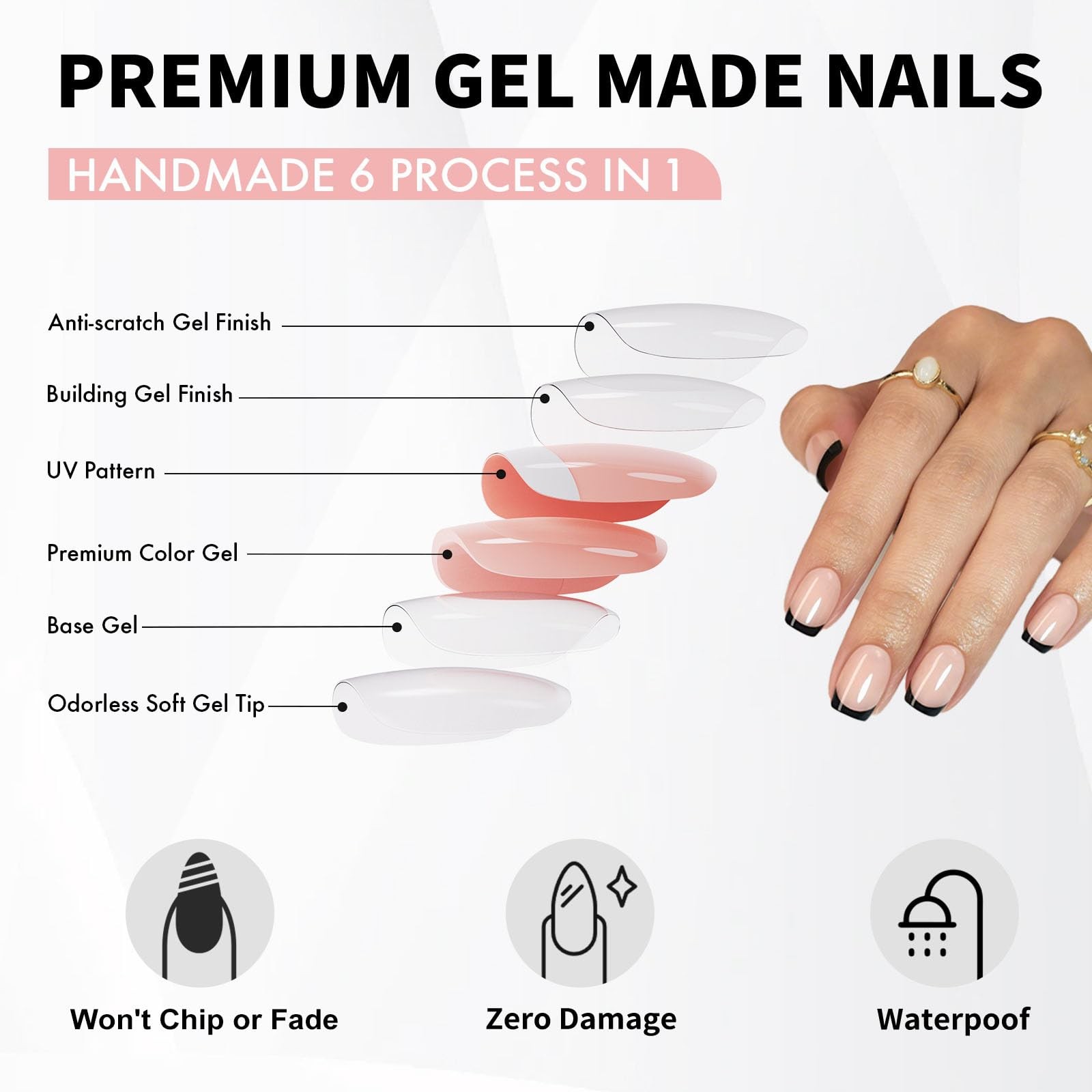 Black French Tip Press on Nails Square – Soft Gel Press on Nails Short, Fit P…