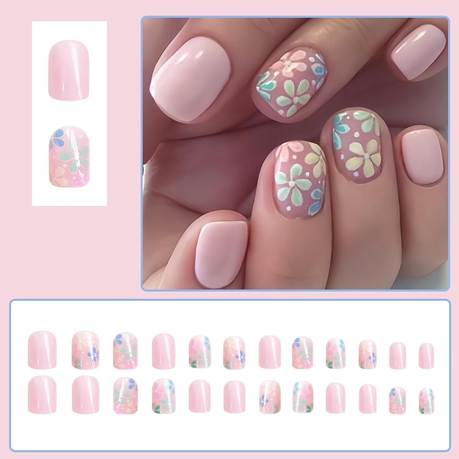 24Pcs Colorful Flower Press-On Nails – Short, Square, Fake, Spring-Summer Nail A