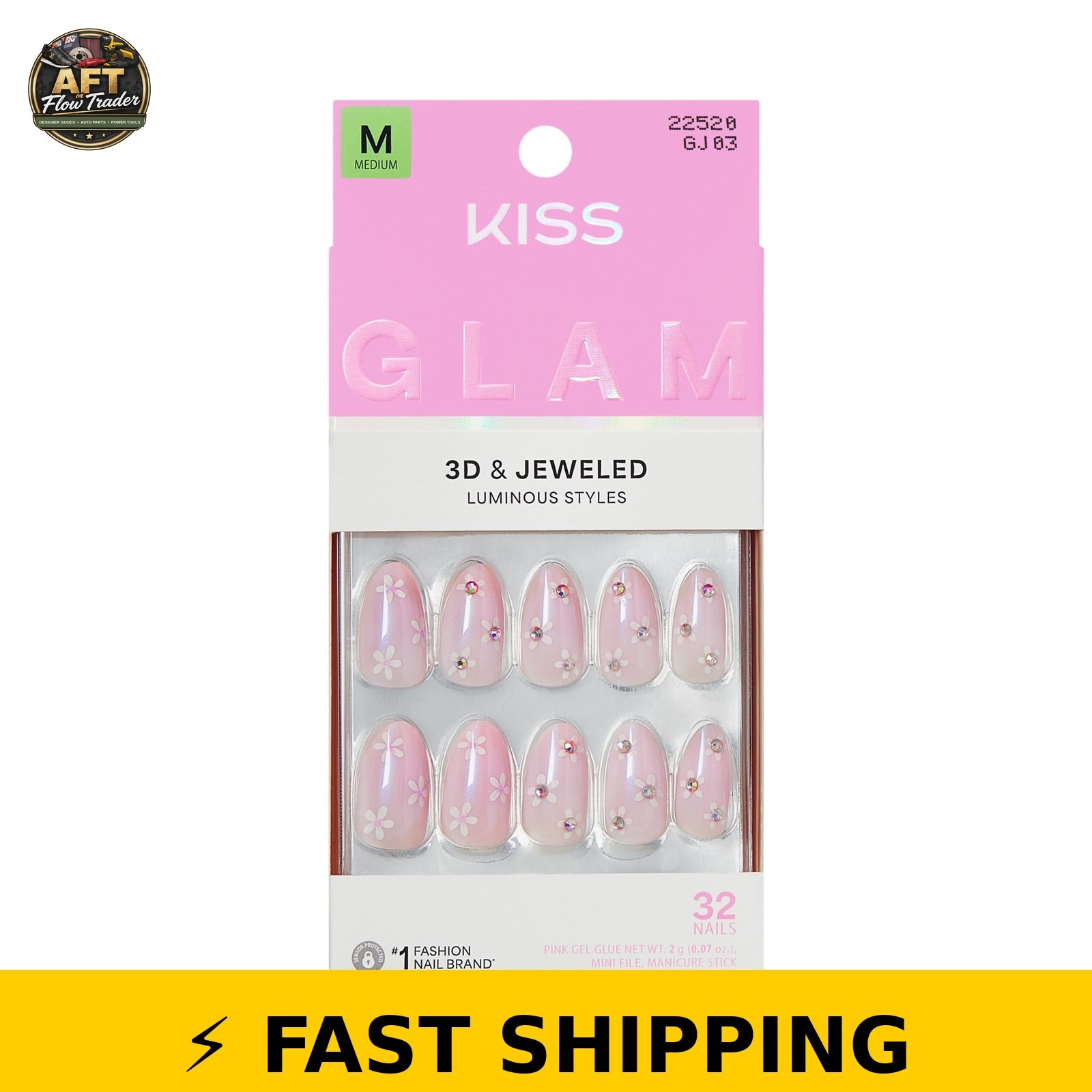 Kiss Glam 3D Jeweled Press On Nails, Breeze of Bliss, Pink, Medium