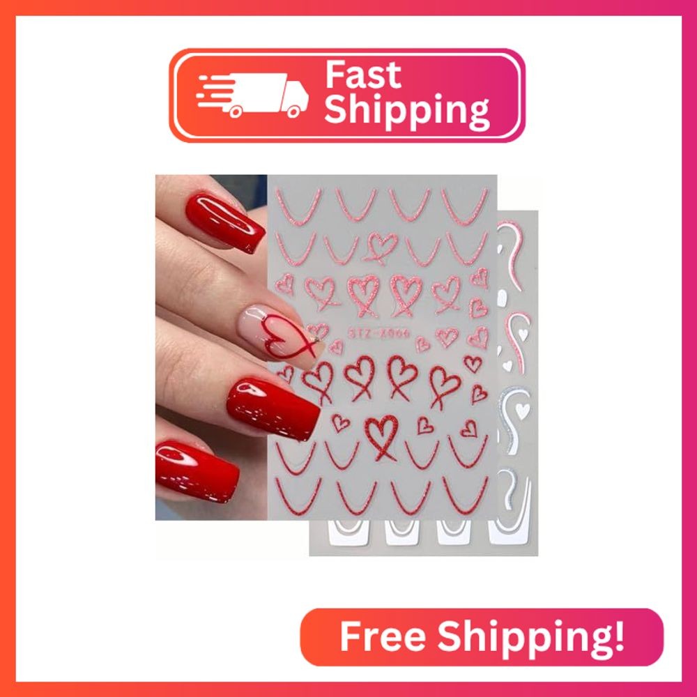 3 Sheets Valentine’s Day Nail Stickers Decals – 3D Heart Nail Decals Valentine’s