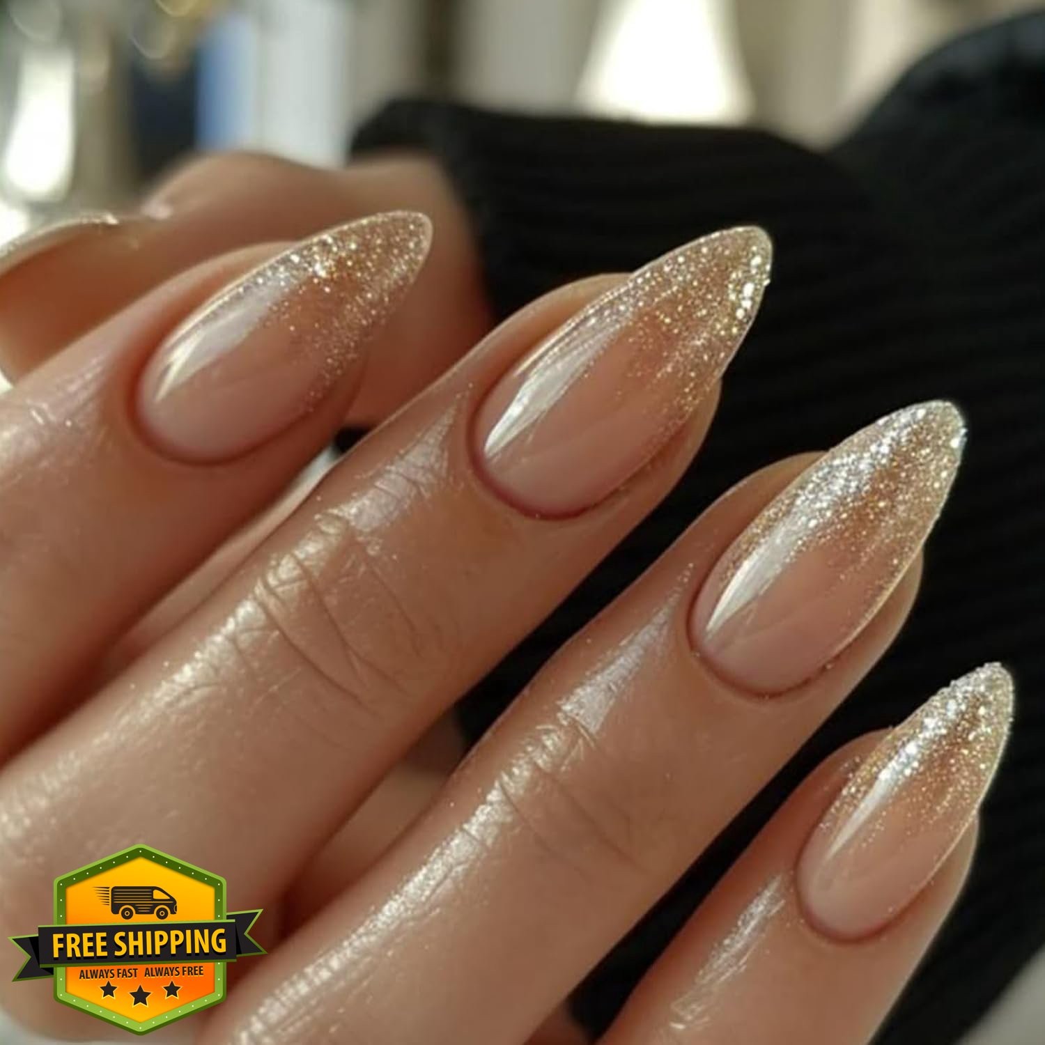 SEMATA Almond Nude Press on Nails Gold Glitter Ombre Medium 24Pcs