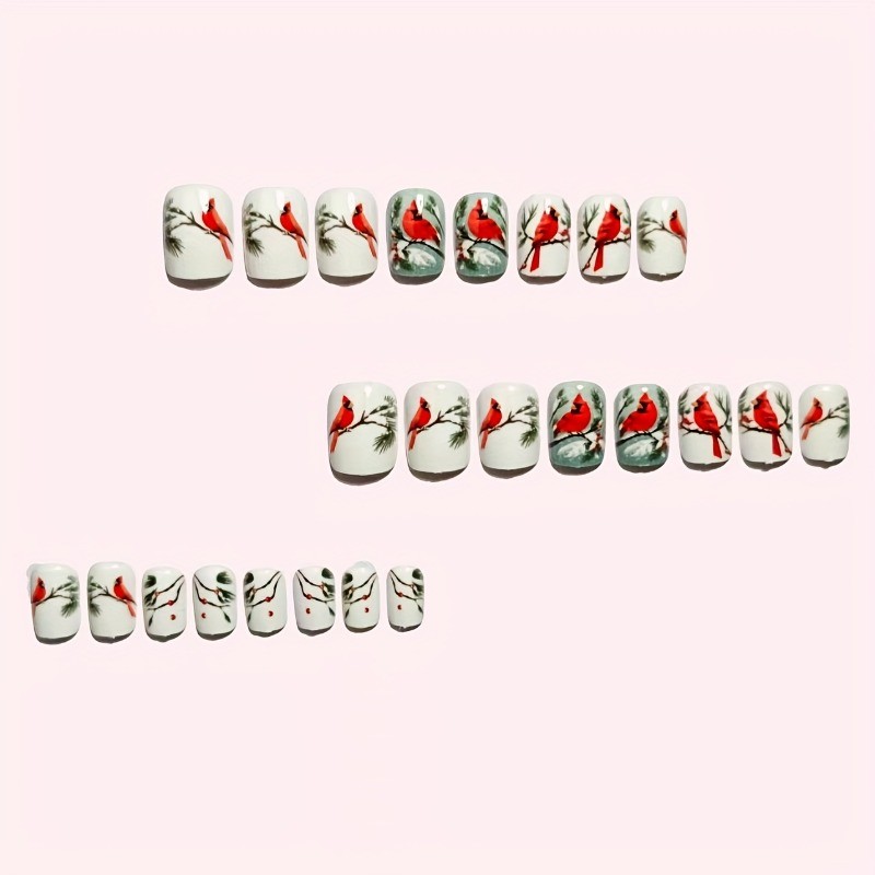 48pcs Christmas Cardinal Press On Nails Snowy Festive Holiday Wearable Nail Art