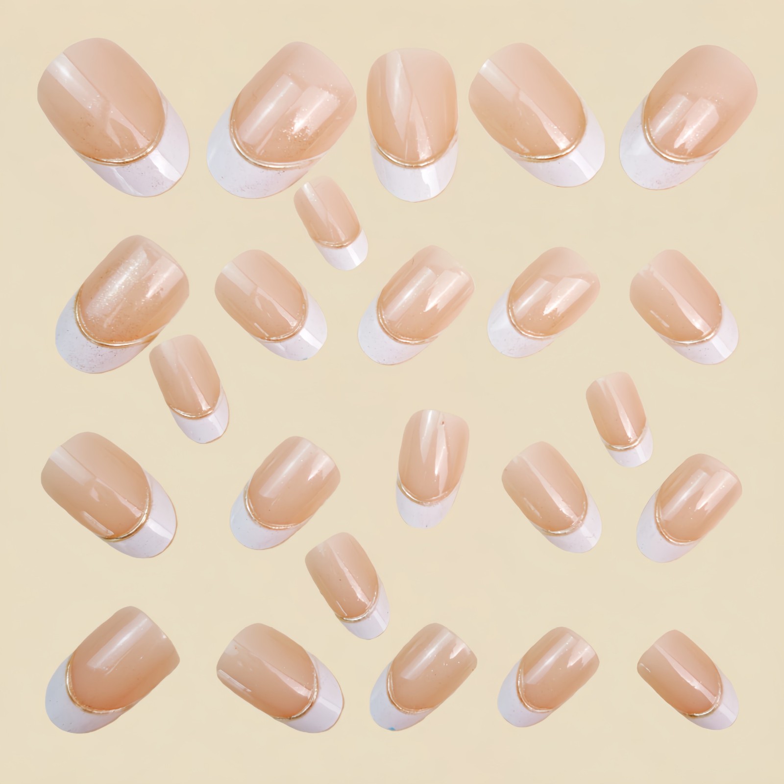 48Pcs Nude White French Press on Nails Gold Line Elegant Glossy Fake Nails