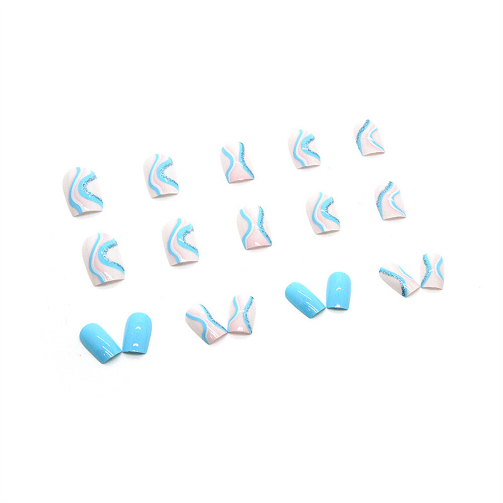 Blue Waves Winter False Nail Short Square Press on Nails for Nail Art 24pcs