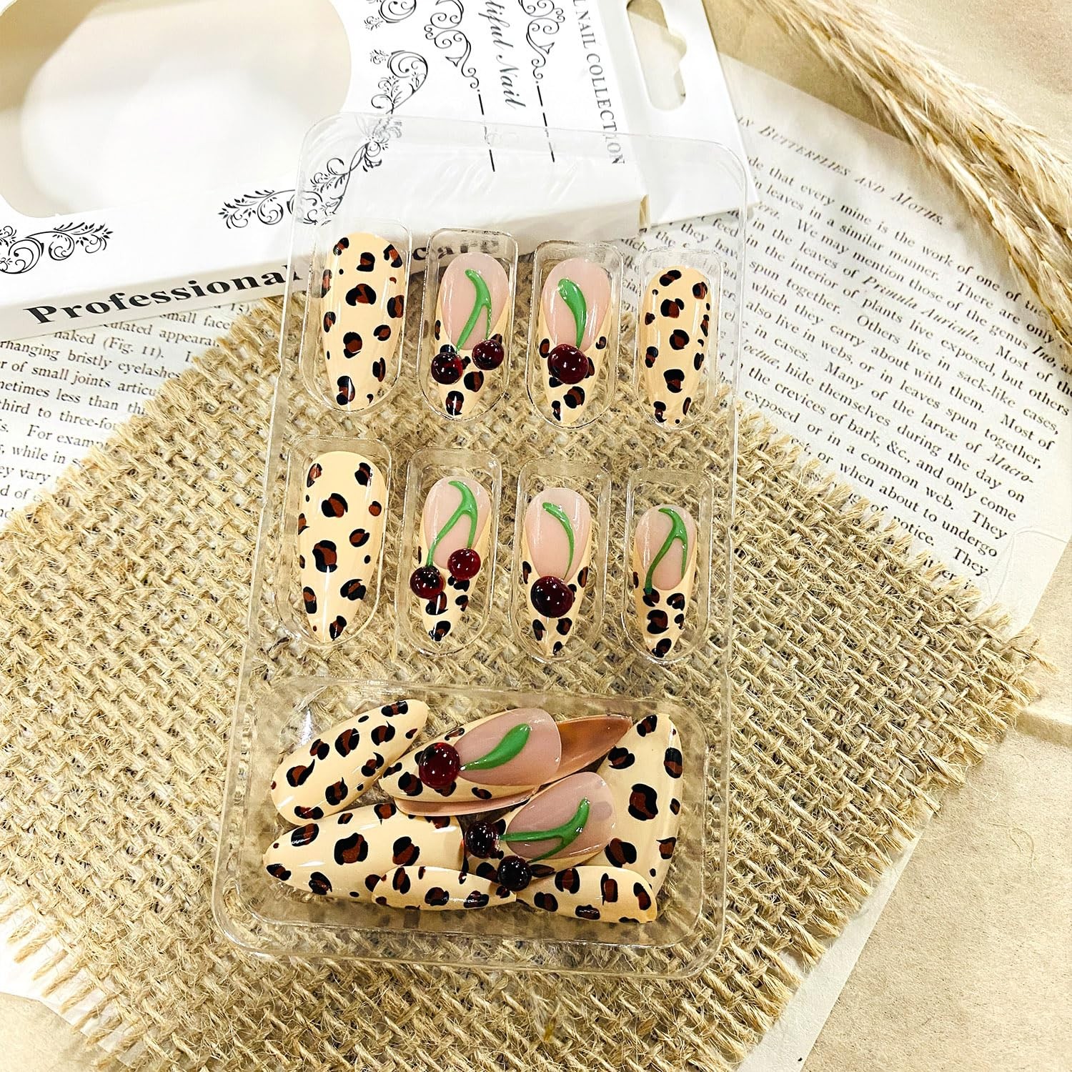 LWTZLW Leopard French Tip Press on Nails 3D Cherry Medium Almond False Nails …