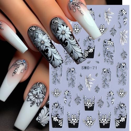 Lace Flower Nail Art Stickers 6 Sheets Black White Floral Black White Flower