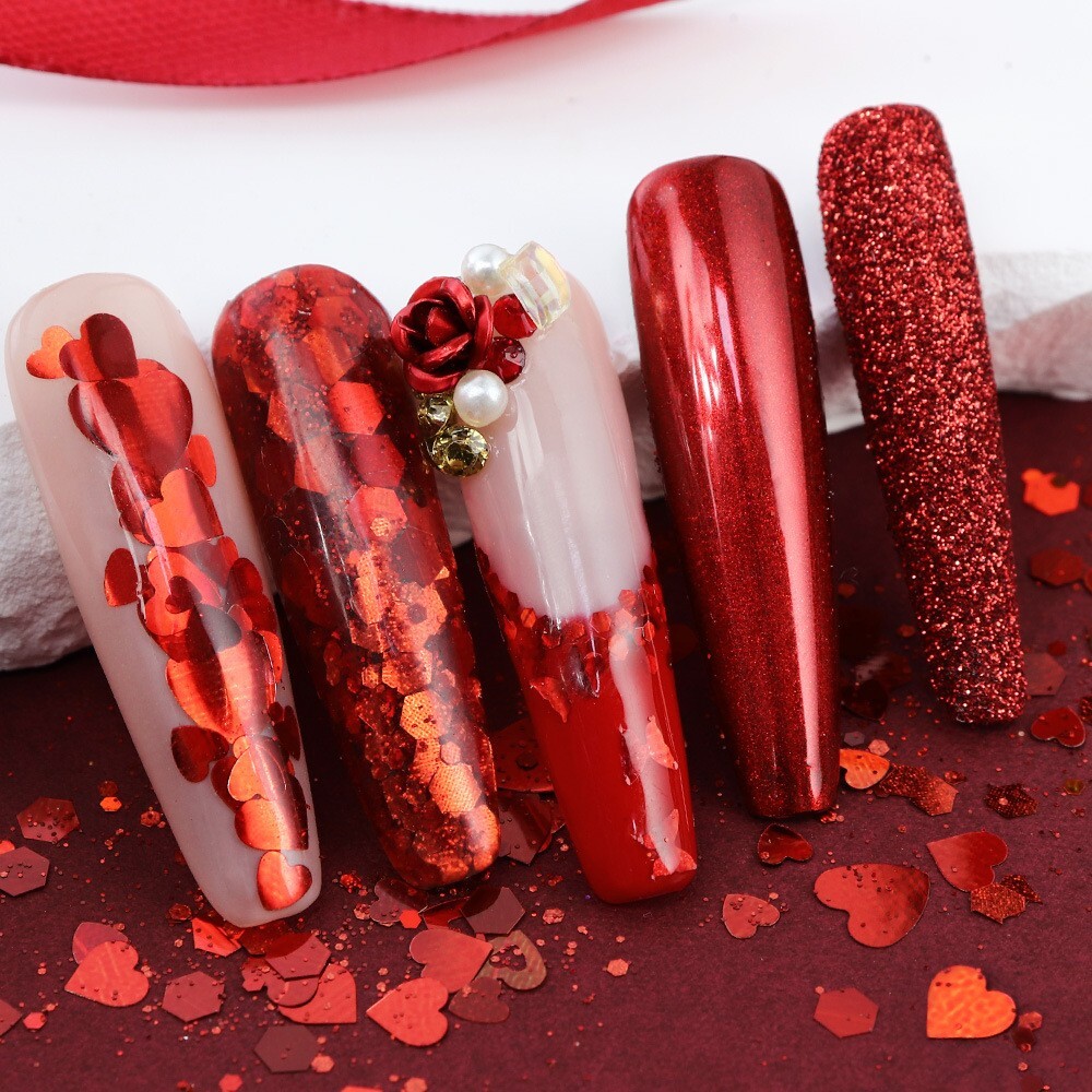 6 Pots Red Nail Art Powder Sequins Set for Valentine’s Day Glitter Flakes DIY De