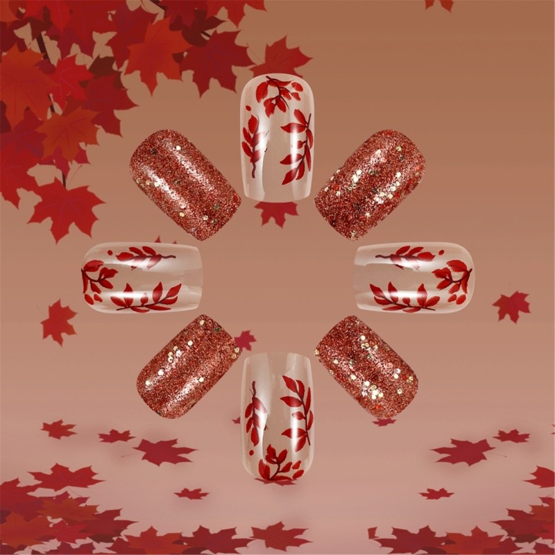 24pcs Stylish Fall Leaf Designs Artificial Nail False Nail For Any Occasion