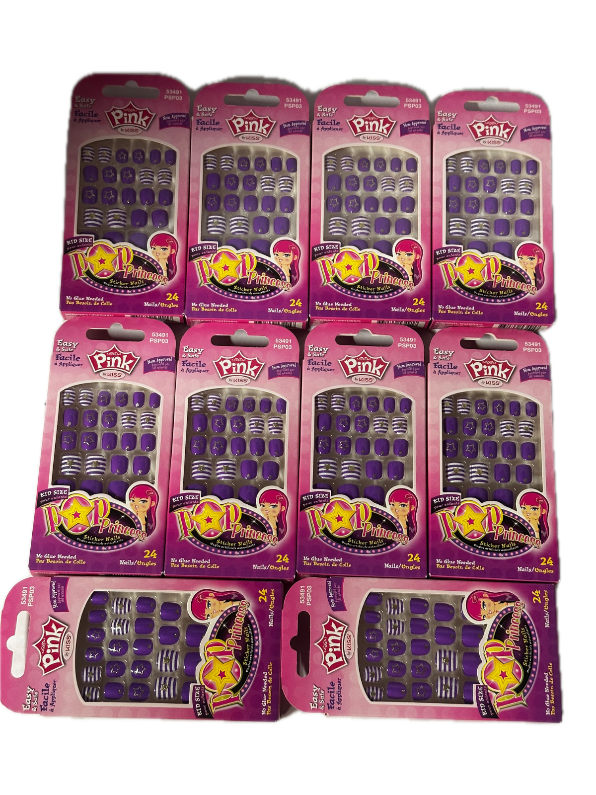 Pink By Kiss Kids Press-On Nails PSP03 – Purple Gold Glitter Designs – 10 Packs