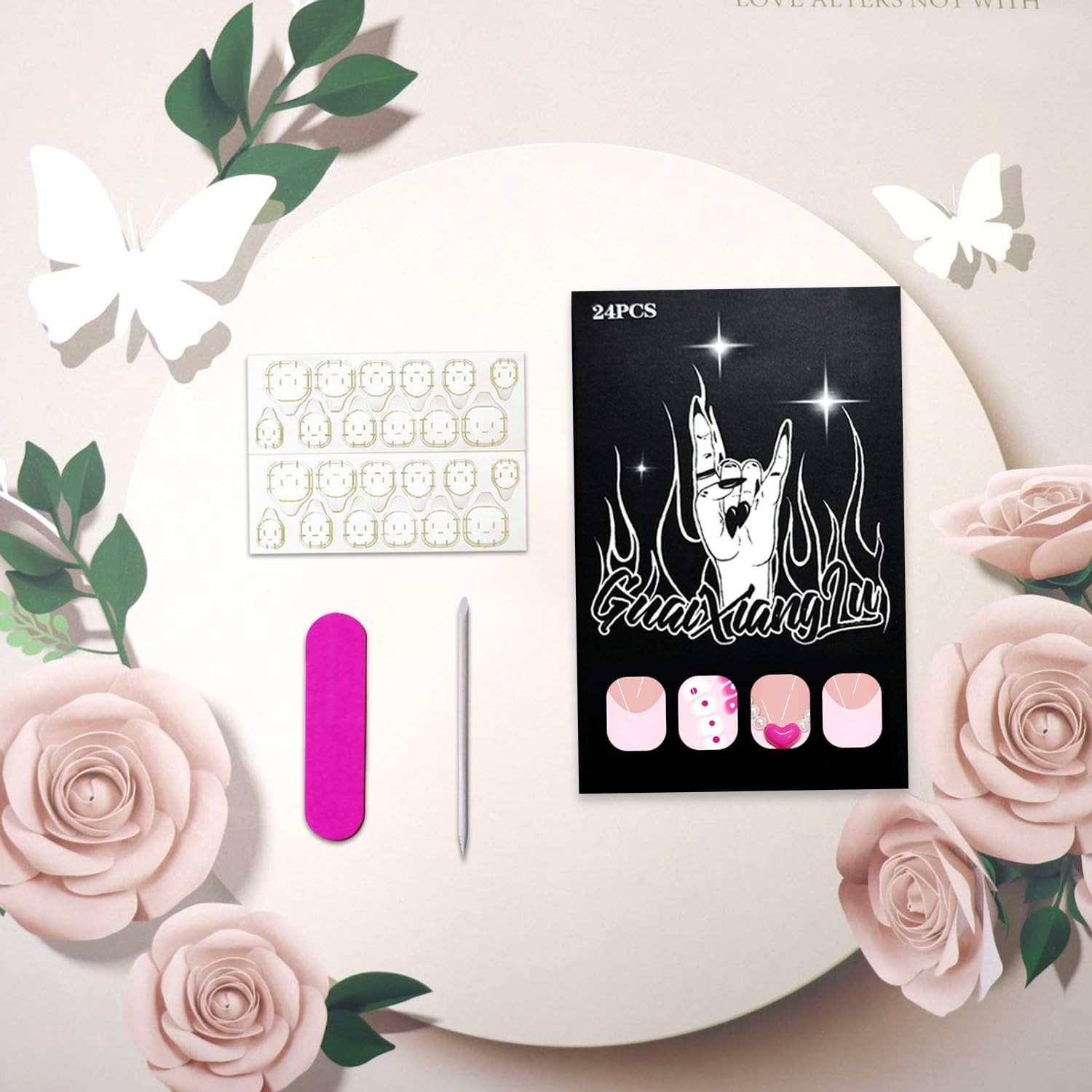 Rhinestones Pearl Press on Nails Pink White French Tip with Design Glossy Lon…