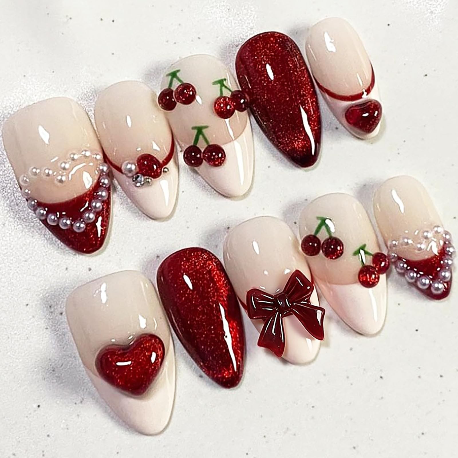 Valentines Press on Nails Medium Almond Fake Nails French Tip False Nails wit…